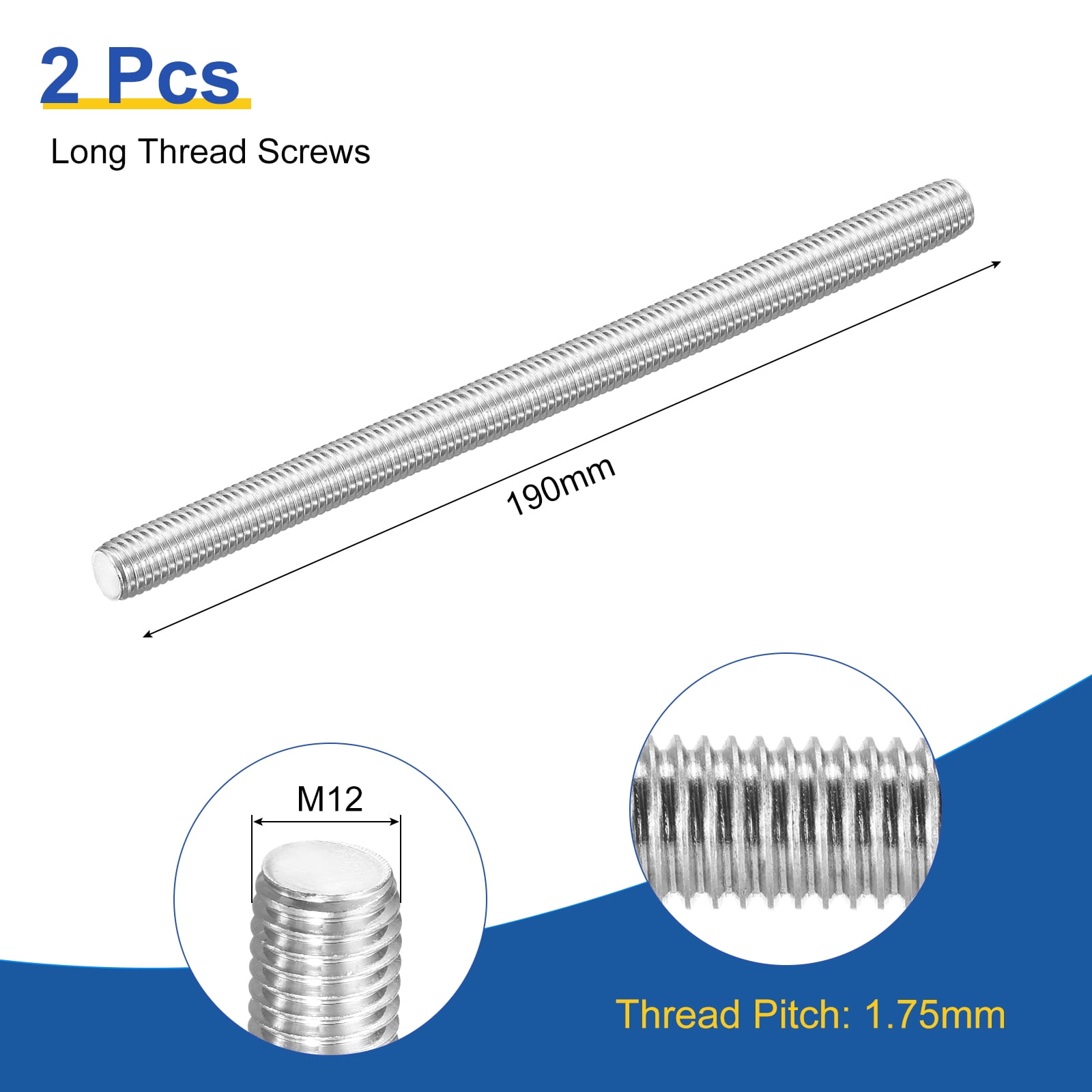 M12x190mm Fully Threaded Rod, 2Pcs 316 Stainless Steel 1.75 Pitch Threaded Screw