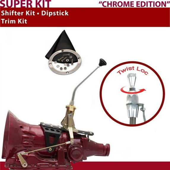 American Shifter C4 Shifter Kit 10 in. Trim Kit Dipstick Chrome Push Button Black Boot Ringed Knob for F74D0