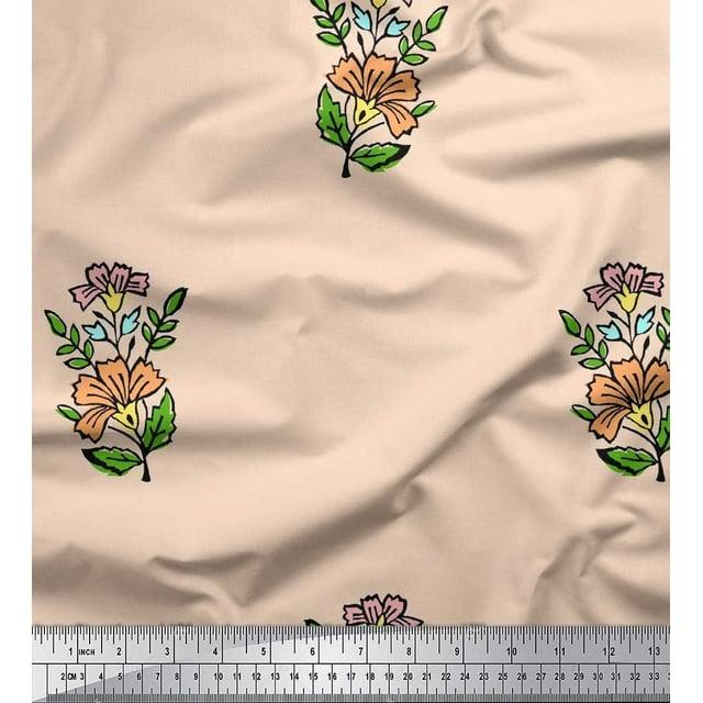 Soimoi Modal Satin Fabric Leaves & Floral Block Print Sewing Fabric Yard 42 Inch Wide