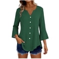 thumbnail image 1 of Craaazy Women's Relaxed Fit V Neck Blouse, Solid Color 3/4 Sleeve Flare Cuff Top, Loose Comfy Button Accent Casual Tee for Spring & Summer Gifts, 1 of 7