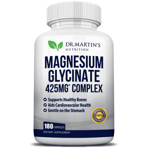 Magnesium Glycinate 425mg, 180 Capsules | Stress Relief, Muscle Cramps, Sleep Aid & Heart Health | High Absorption Formula | Gentle on the stomach