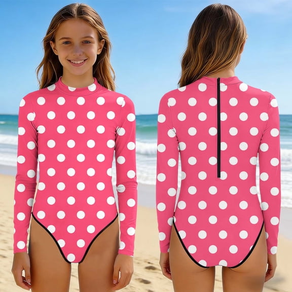 Cethrio Girls' One Piece Swimwear, Surfing Summer Beach Long Sleeve Kids Bathing Suit Hot Pink Size 7-8
