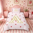 thumbnail image 2 of Meiyoeat Cute Gold Letter A Twin Duvet Cover for Girls, Strawberry Stripe Print Twin Bedding, Pink Red,Pink Reversible,2pcs,No Comforter, 2 of 5