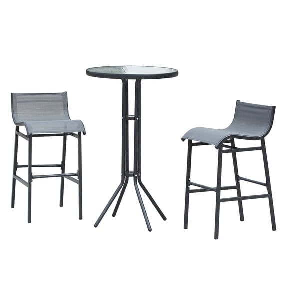 3 Piece Bar Height Bistro Set Outdoor Patio Furniture for 2, Charcoal Gray, Space Saving Table & Chairs, Tempered Glass Top, Metal Frame