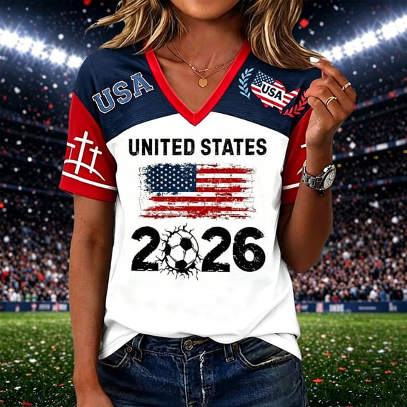 Women USA Soccer Jersey Shirts American Flag Graphic Short Sleeve Tee V Neck T Shirts Happy Fashion Jerseys for Women 2026 Football Shirt