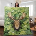 thumbnail image 2 of Happy Moose Welcome St Patrick's Day Lucky Shamrocks Clover Quilt Blanket Deer Wild Animals Lover Cozy Comforter Throw Blanket - 22001, 2 of 5