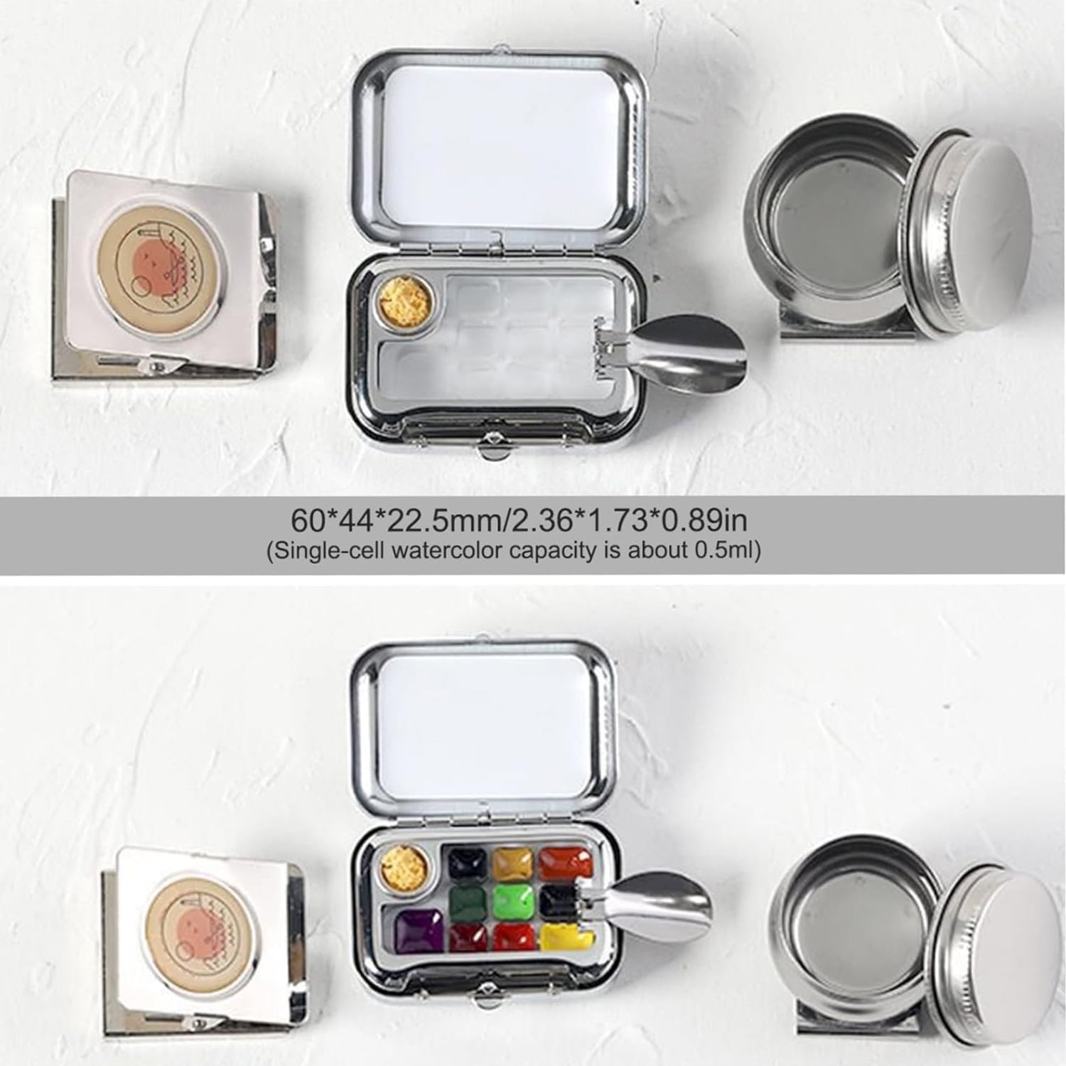 Travel Watercolor Palette, Mini Paint Palette, 10-Grid Empty Mini Watercolor Tin Box with Clip and Pen Washer Jug, Pocket Watercolor Set for Artist Outdoor Sketching (Silver, Watercolor Not Included)