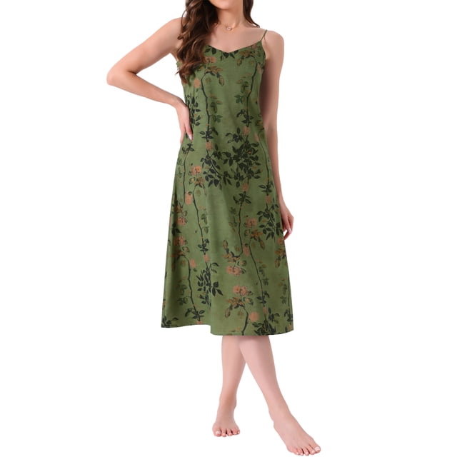 Noche de mujeres INSPIRE CHIC Vestido de satén floral jacquard con tirantes de espagueti sin mangas escote en V largo midi completo ropa de dormir S Flor Naranja