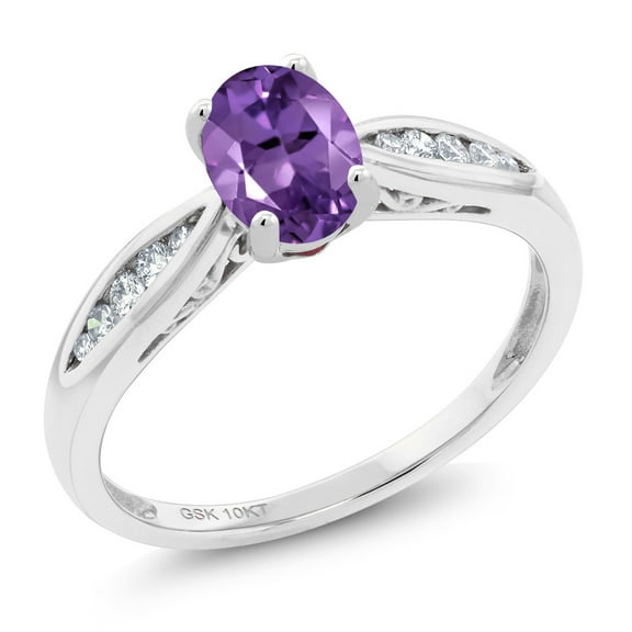Gem Stone King 10K White Gold Purple Amethyst and Diamond Engagement Ring for Women (0.82 Cttw, Gemstone Birthstone Oval 7X5MM, Available 5,6,7,8,9)