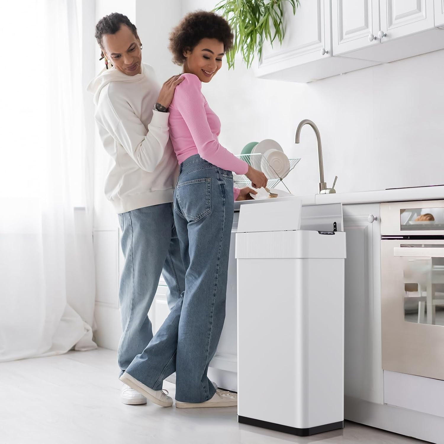LAZY BUDDY 21 Gal Motion Sensor Trash Can Motion Sensor Garbage Bin, Touchless Brushed Wastebasket, W/Butterfly 80L White Stainless Steel Kitchen Bin