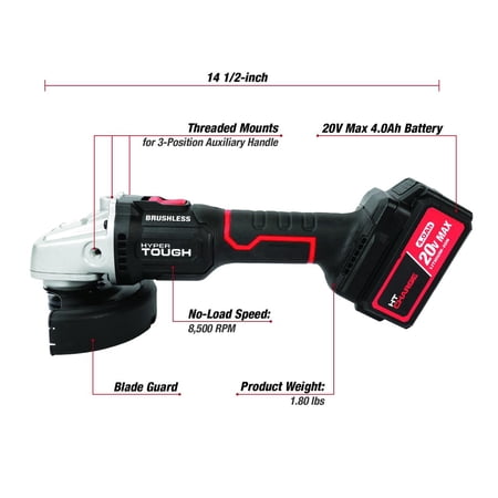 HYPER TOUGH 20V BRUSHLESS 4-1/2-IN CORDLESS ANGLE GRINDER BATTERY & CHARGER