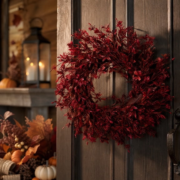 Aurorax Fall Wreaths for Front Door,Fall Wreath Decorations with Rustic 12" Thanksgiving Harvest Decor Hanging Wall Decor Indoor Party Red