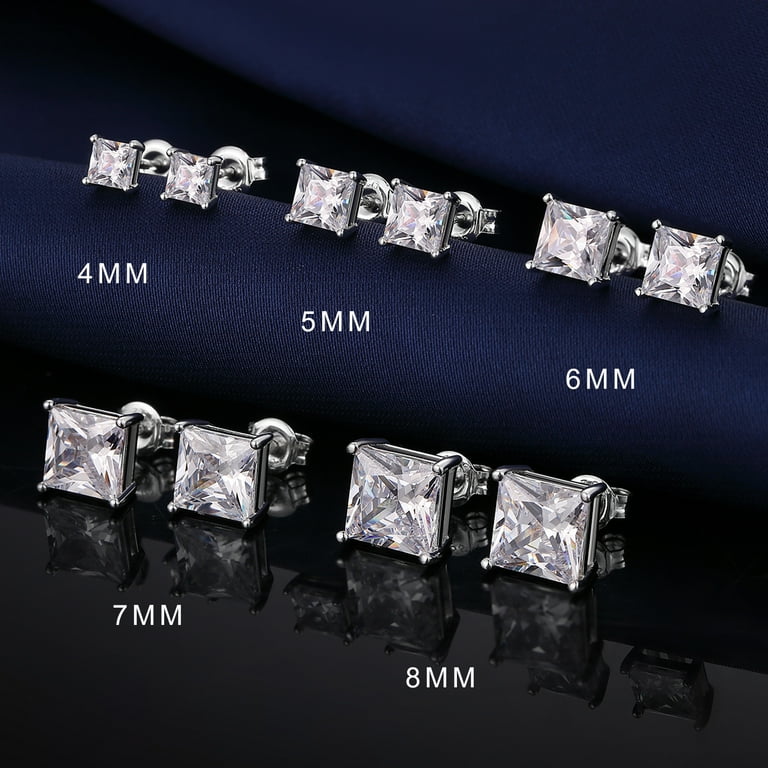 4mm Square Cubic Zirconia CZ Stud Earrings Mens Sterling Silver 4mm Square Cubic Zirconia CZ Stud Earrings Mens Sterling Silver