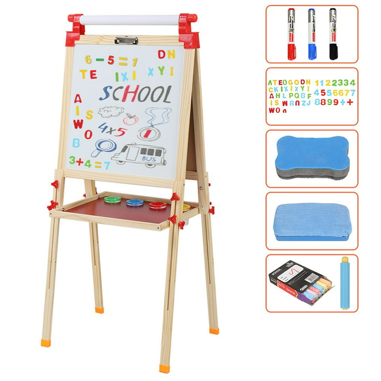 Easel for Kids Including 100+ Accessories, Kids Easel Double Sided Wooden,  White Board & Magnetic Drawing Board & Paper Roll, Height Adjustable