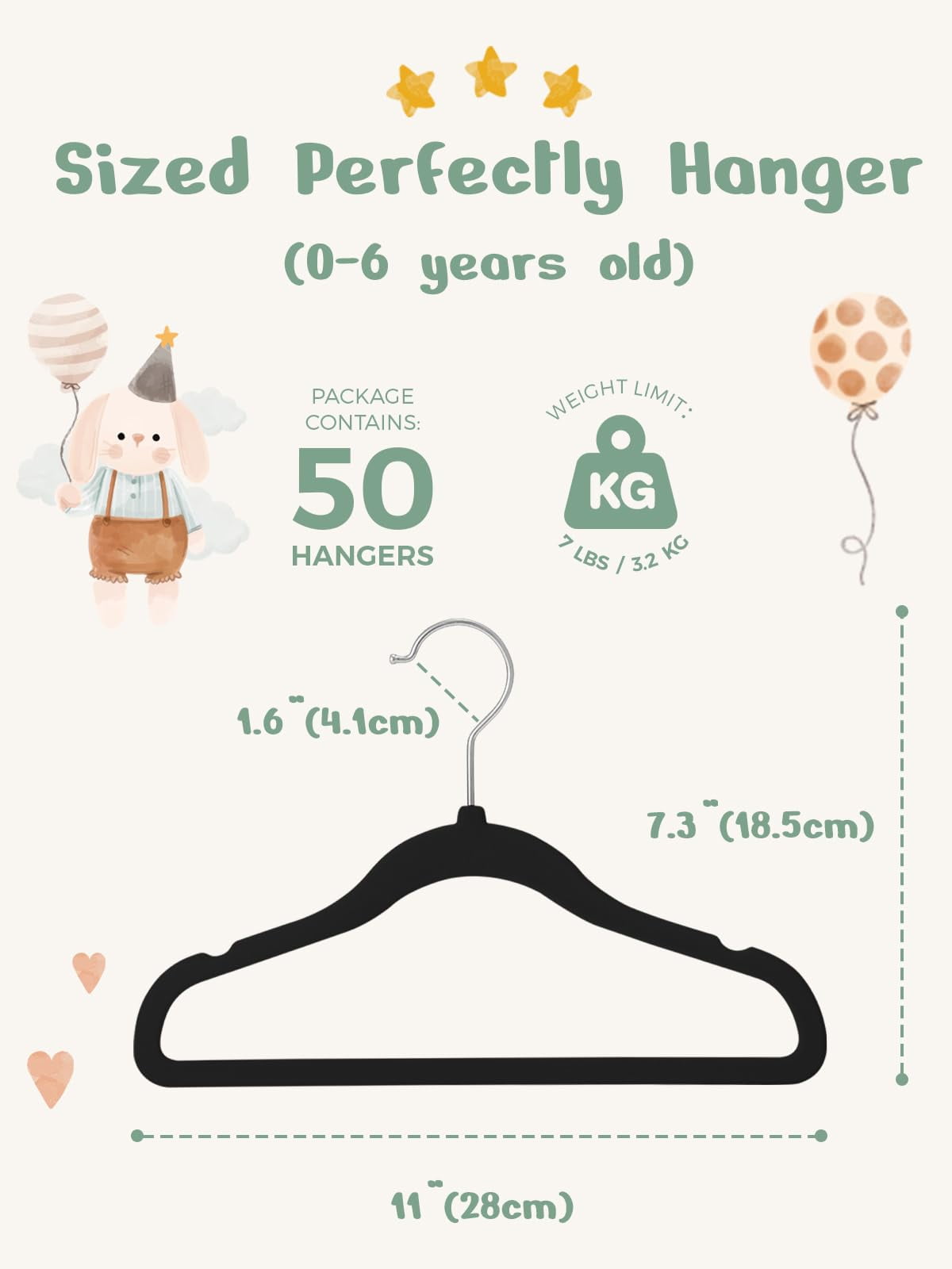 Cozymood 50 Pack Velvet Kids Hangers 11 inch Baby Felt Hangers Space-Saving Thin Design Baby to Toddler Clothes Organizer, Black