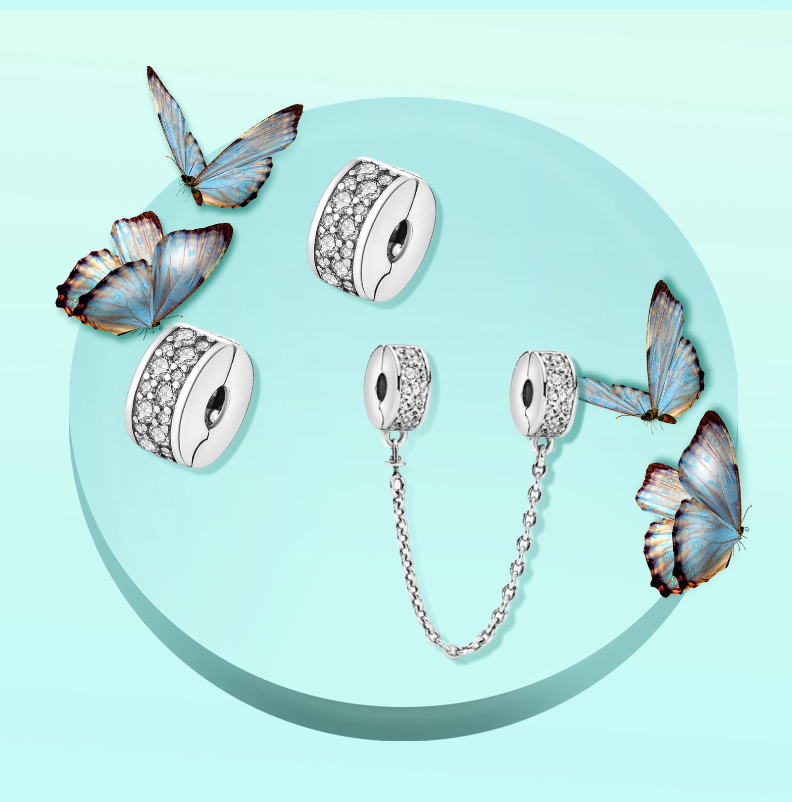 ROSIANNA 925 Sterling Silver Safety Chain & Clips Charms fit Bracelets Necklaces Dangle Beads with 5A Cubic Zirconia Christmas Valentine Mother's Day Gift for Women