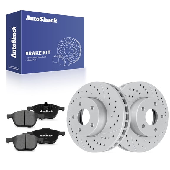 AutoShack Front Vented Drilled & Slotted Coated Brake Rotors Silver Matte Finish   Premium Ceramic Pads 6-PC Brake Kit Replacement for 2012-2018 Ford Focus TurboGuard 10.94" (278 mm)