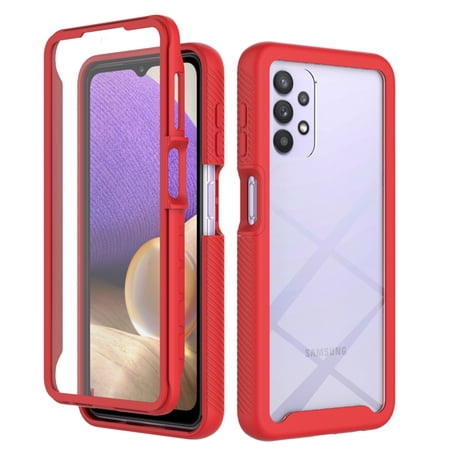 Galaxy A32 5G Case with Built in Screen Protector,Dteck Full-Body Shockproof Rubber Hybrid Protection Crystal Clear PC Back Protective Phone Case Cover for Samsung Galaxy A32 5G,Red