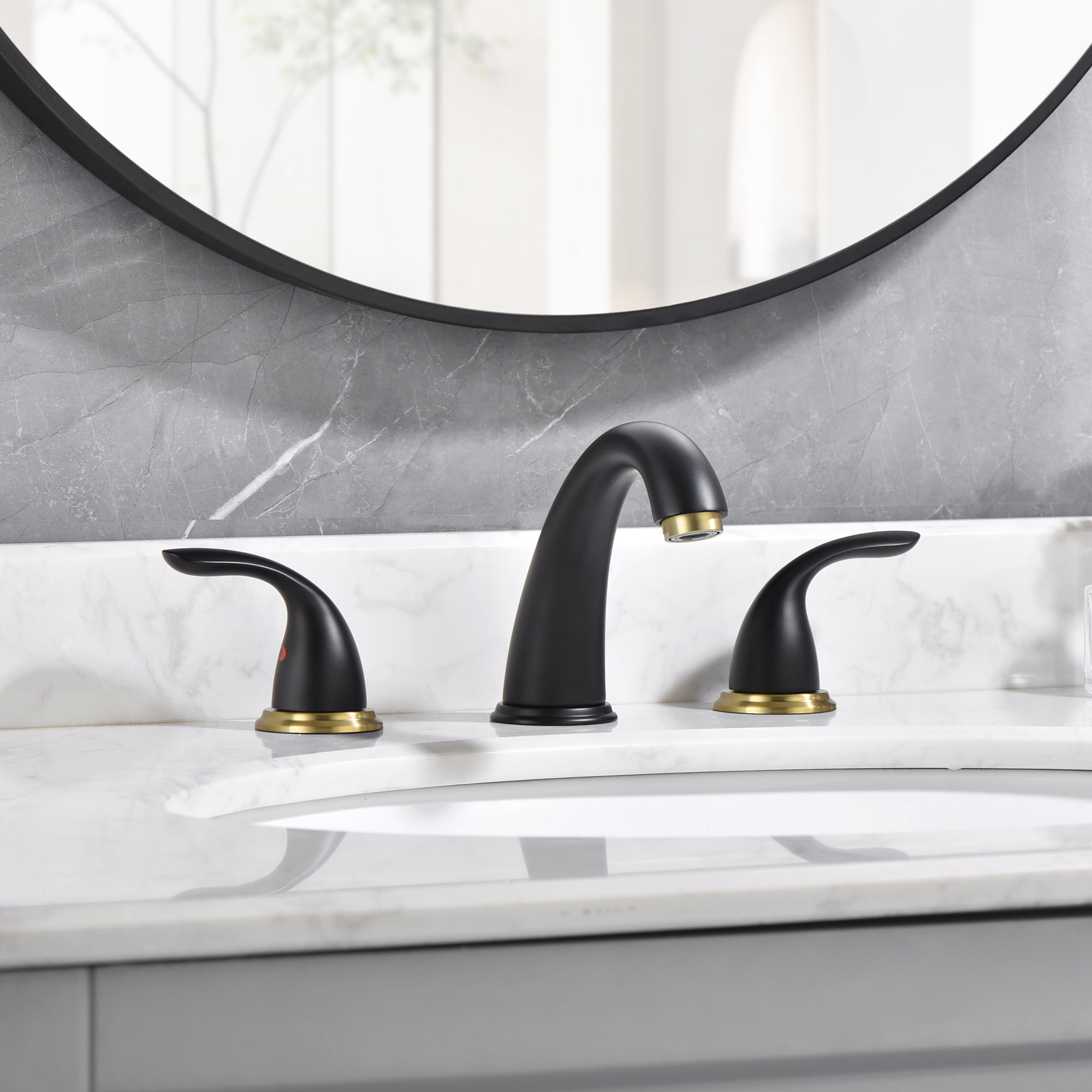 sumerain Two Handle Widespread Bathroom Sink Faucet, 3 Holes Bathroom Lavatory Sink Faucet,Black&Gold