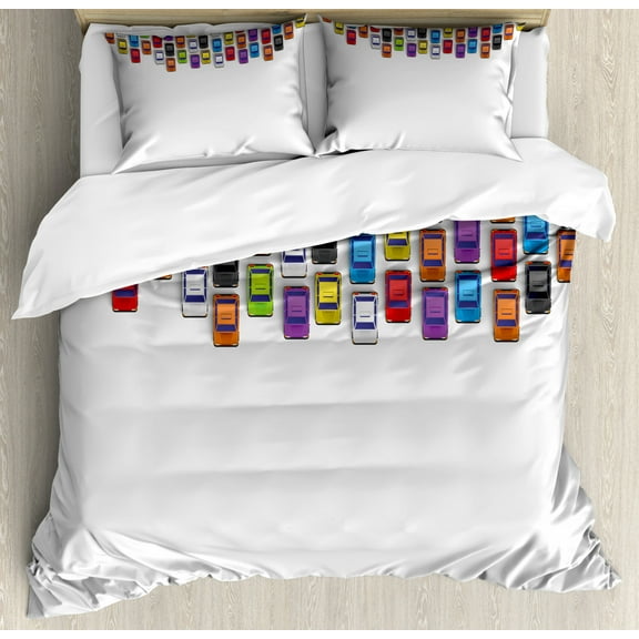 Modern Duvet Cover Set King Size, Traffic Jam with Bunch of Cars Automobiles Urban Life Downtown Artsy Illustration, Decorative 3 Piece Bedding Set with 2 Pillow Shams, Multicolor, by Ambesonne