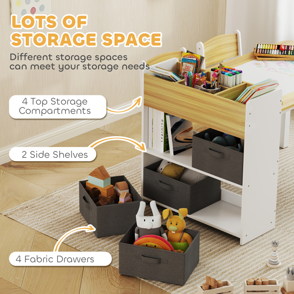 Kids Activity Table Set with 2 Chairs, Paper Roll, 4 Fabric Drawers & Storage Shelves, MDF/Pine Wood, 3-8 Years