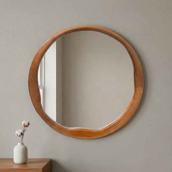 YAURA 24" Round Walnut Bathroom Vanity Mirror, Asymmetrical Wavy Solid Wood Wall Mirror, Mid-Century Retro Decor