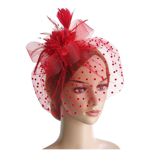 XASZHN Femme Vintage Voile à Pois Plume Filet Coiffe avec Dentelle Rouge_005 Taille Unique