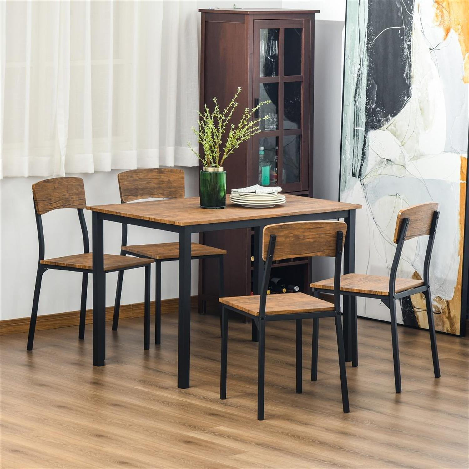 Demi Bonn Modern Industrial 5-Piece Dining Set, Dark Walnut Finish, Compact for Small Spaces, Stylish for Home & Kitchen, Brown