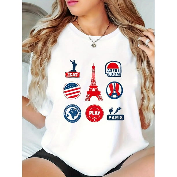 Camiseta De Verano Para Mujer, Ropa De Calle, Cuello Redondo, Para Acampar, Mochilero, Trabajo1pc Women'S Casual Polyester T-Shirt with Geometric Eiffel Tower Print, Crew Neck, Medium Stretch Knit F