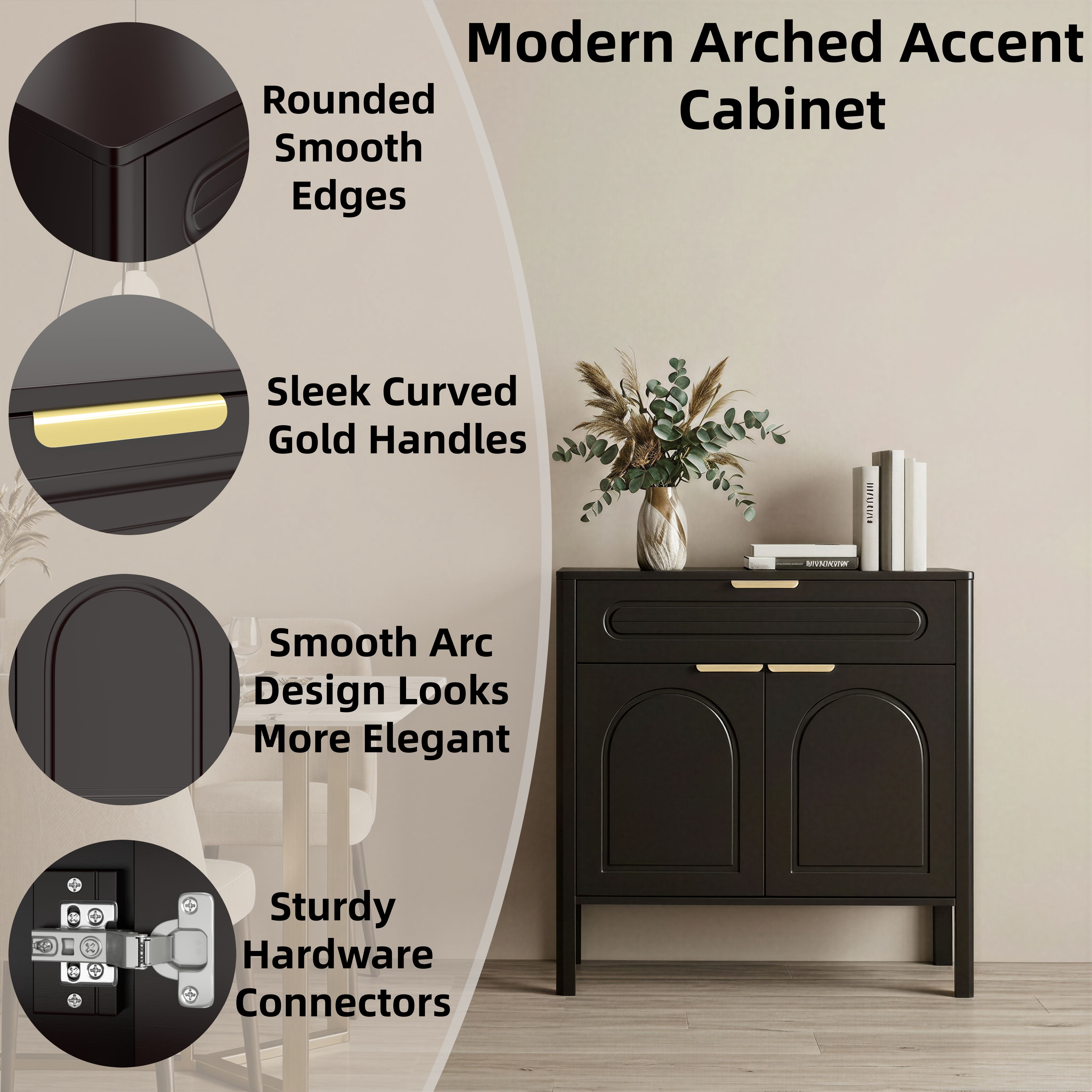 GARITIN Arched Accent Storage Cabinet 29.5 Inch, Freestanding Sideboard Buffet with Drawer and Gold Metal Handles for Entryway Living Room, Black