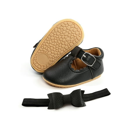 

Oucaili Baby Walking Shoe Rubber Sole Loafers Magic Tape Crib Shoes Cute First Walker Moccasin Outdoor Flats Black With Hair Band 5C