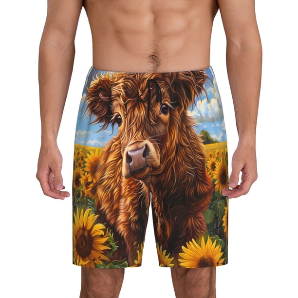 Balery Cloud Sky Sunflower Cow Pantalones cortos de pijama de punto de algodón para hombre con cinturilla y bolsillos-Medium