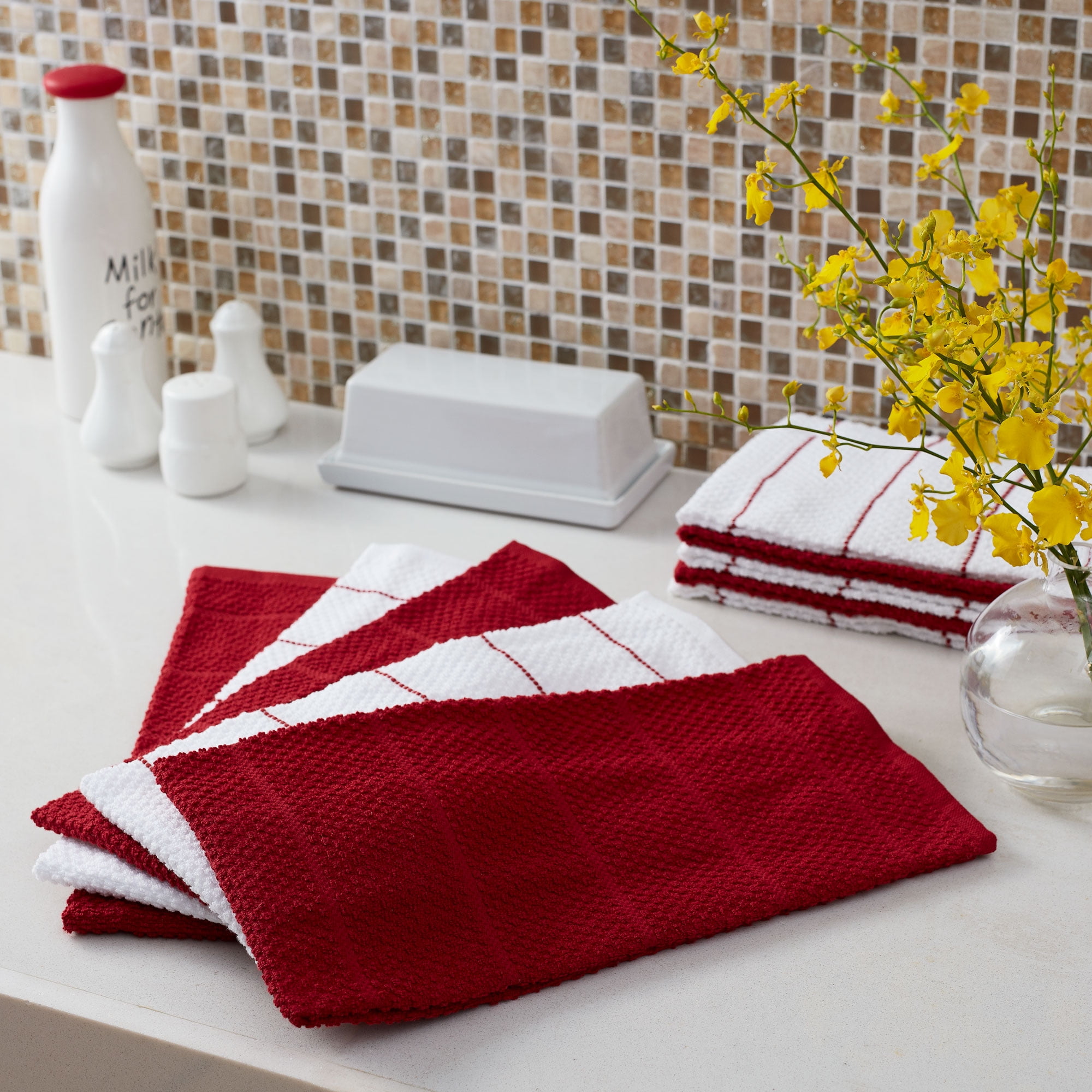 TALVANIA Brown Kitchen Dish Towels 100% Cotton Dobby Weave Terry Towel Set,  12 Pack Absorbent Multipurpose Dish Cloth for Hand and Cleaning 15” X 25”
