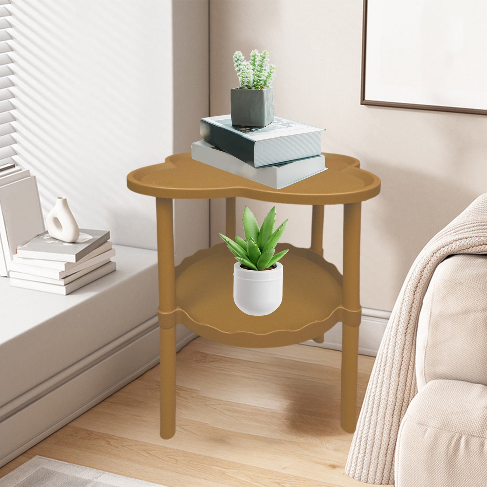 Movable Four Leaf Clover Shape Storage Side Table, Wheeled Sofa End Table Living Room Snack Table with Cloud Shelf, Flexible Storage Solution for Compact Spaces and Modern Home Living