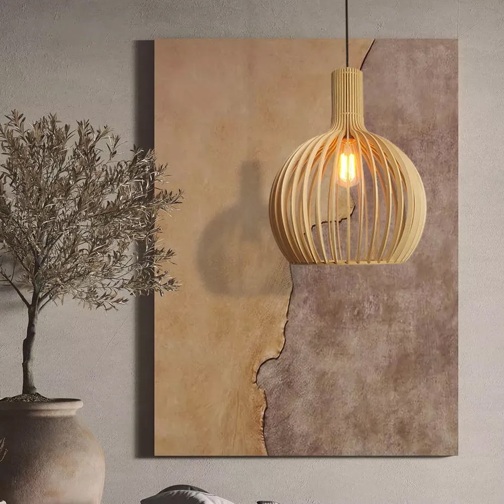 LittleGlovo Japanese Wooden Hanging Light Fixtures Handmade Restaurant Birdcage Chandelier