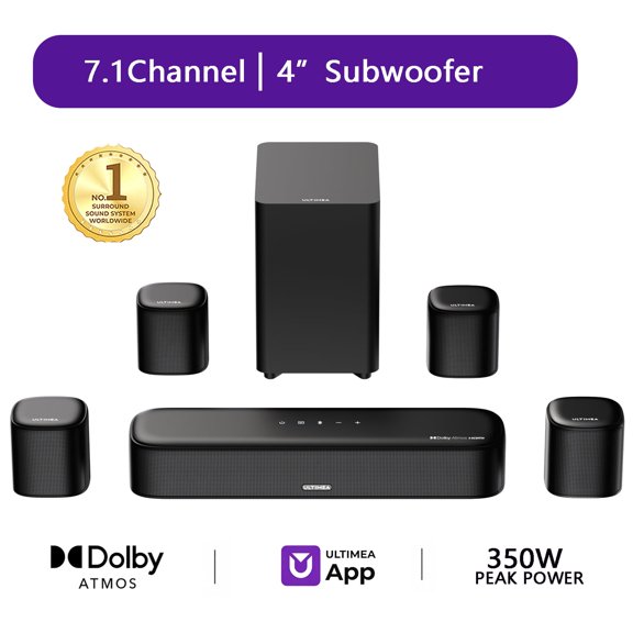 ULTIMEA 7.1ch Sound Bar with Dolby Atmos, Surround Sound System for TV with 4 Surround Speakers, Sound Bar for Smart TV with App Control, Soundbar with Subwoofer for Home Theater, HDMI eARC, Aura A60