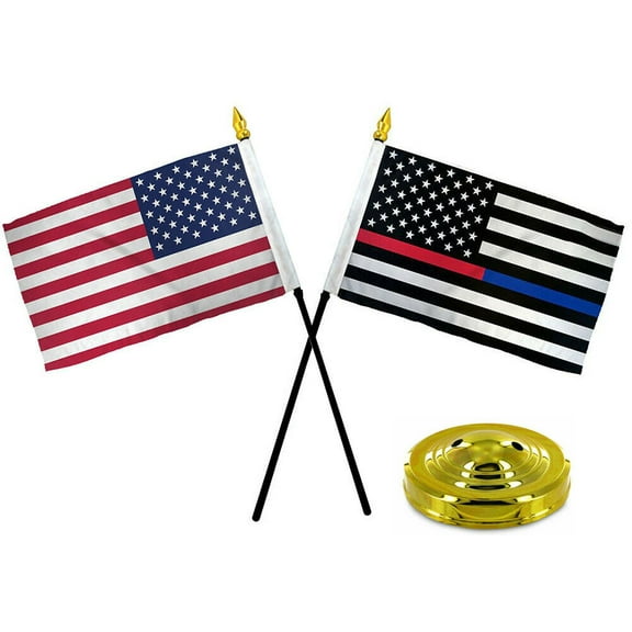 USA Thin Red Blue Line with USA American Flag 4"x6" Desk Set Gold Base