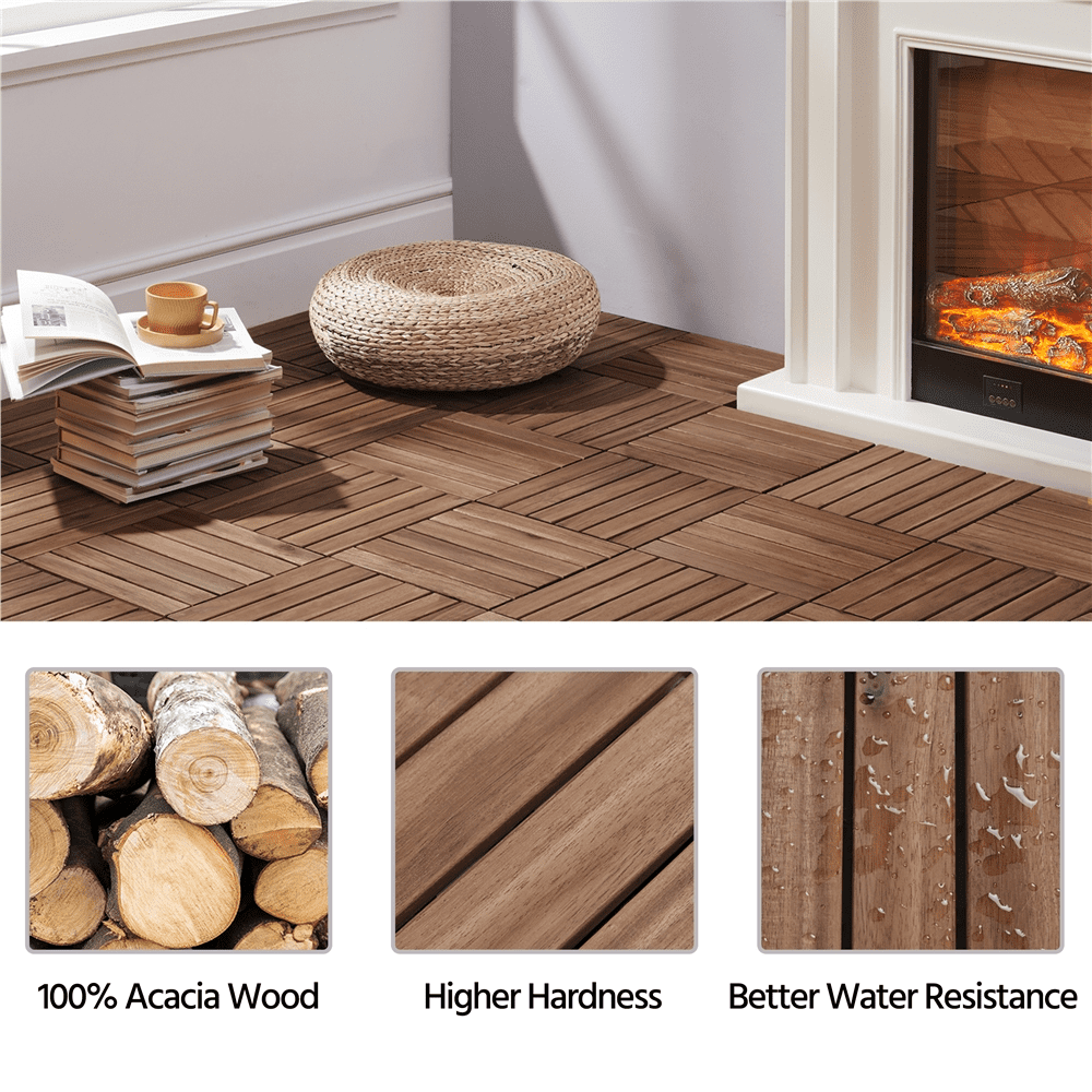Renwick Wood Interlocking Flooring Tiles for Patio Garden Deck, Pack of 27, Brown