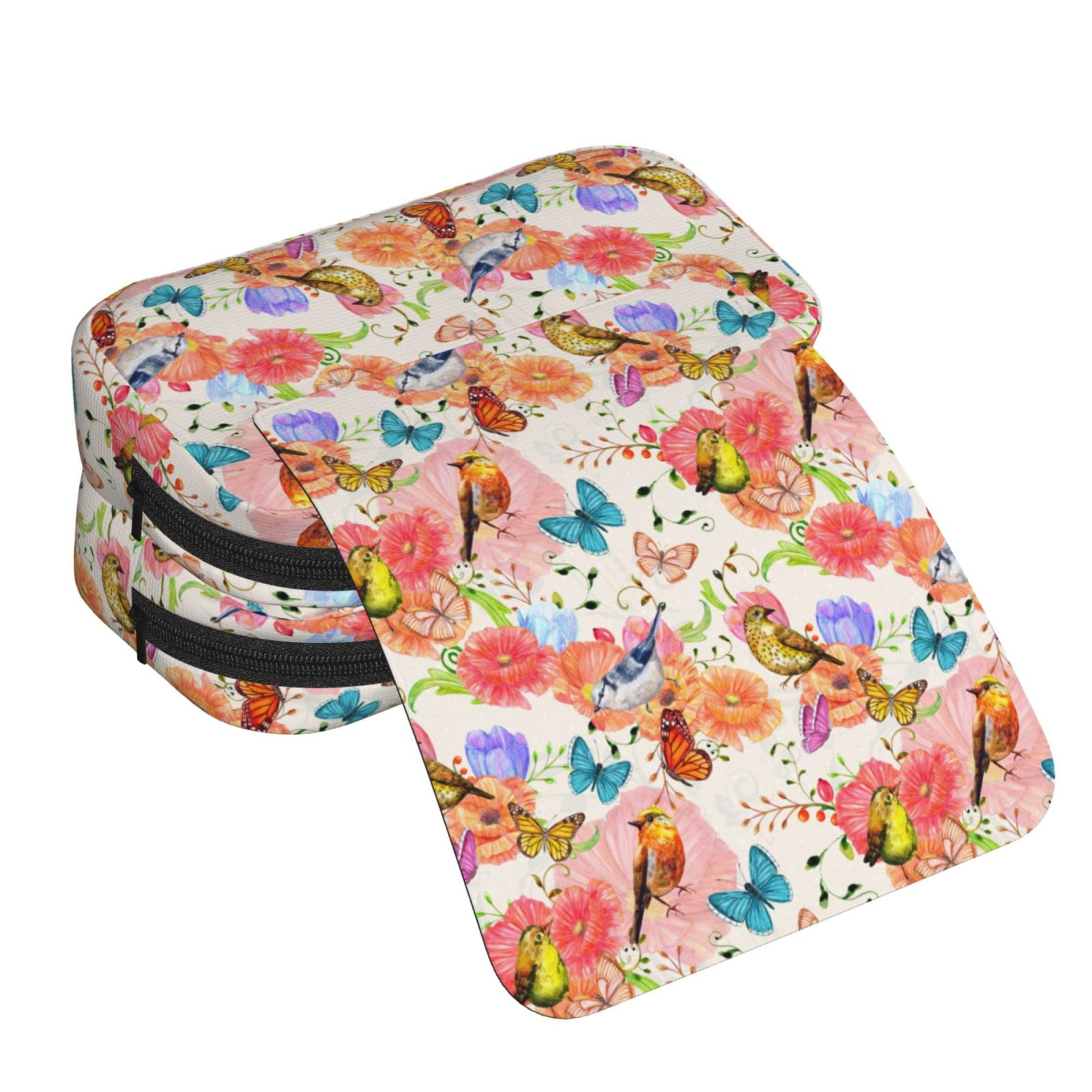 Rateoe Flowers And Birds Watercolor Pattern Double Clamshell Pen Case, Storage Organizer with Two Zipper Compartments– Holds Up to 50 Pencils & Pens