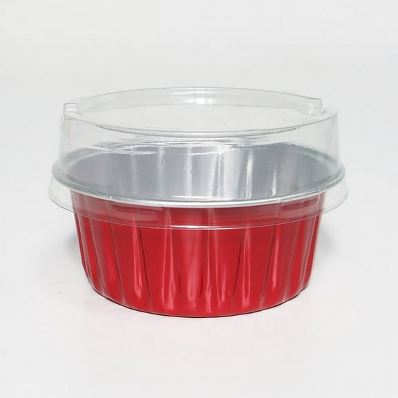 XmhyTop 100 Pack Mini Disposable Cake Pans, Aluminum Foil Circular Baking Cups, 3.3x3.3 Small Baking Cake Tins Cup Cake Containers with Lids for Individual Cakes ,Red