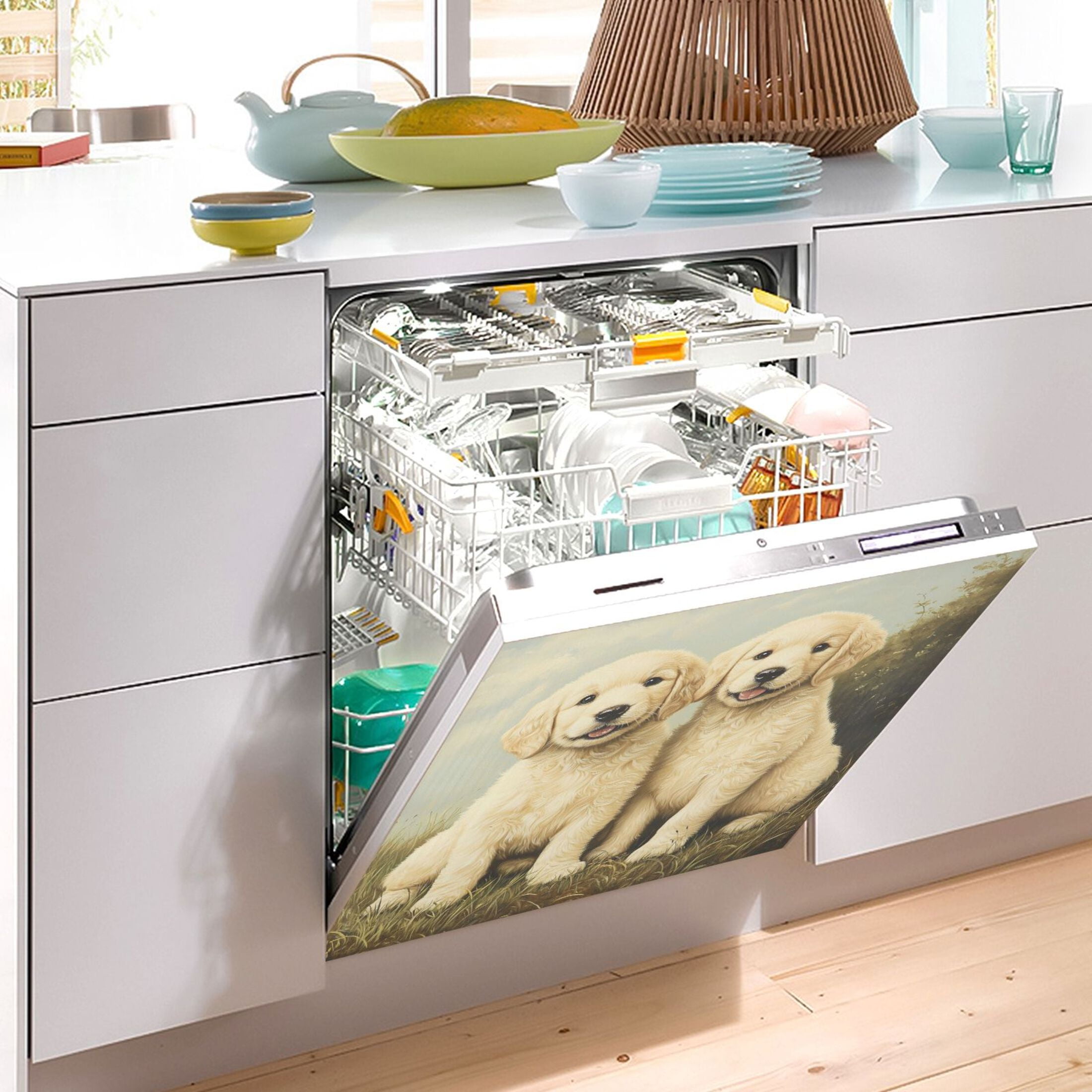 Dishwasher Magnetic Sticker 23x26 Inch Refrigerator Magnetic Sticker Washing Machine Magnetic Sticker Kitchen Panel Magnetic Sticker Home Decor Two White Dogs