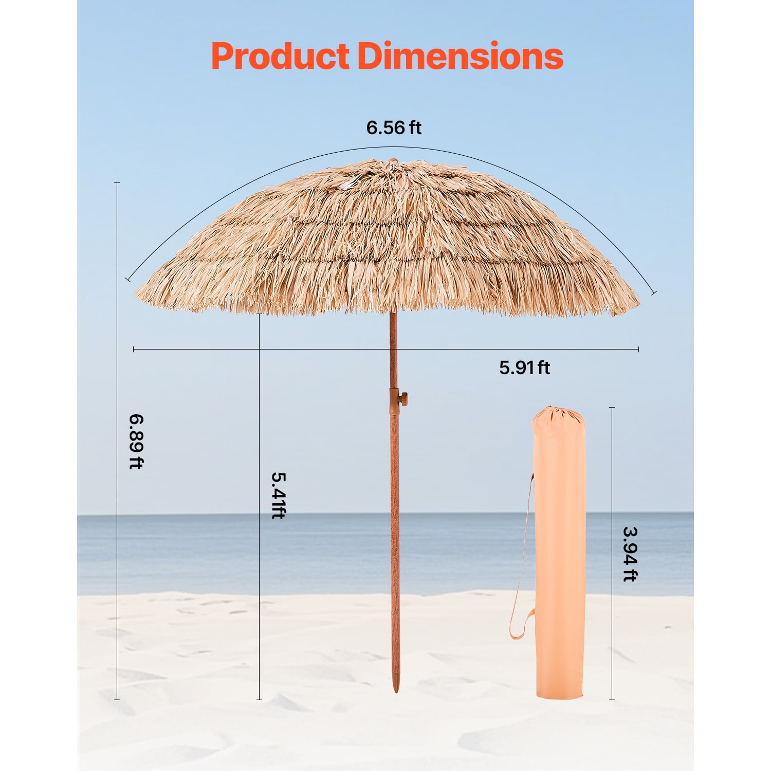 KFFKFF 6.5 ft Thatched Patio Umbrella with Tilt, Hawaiian-Style Beach Parasol, Outdoor Pool Patio Beach Umbrella for Beach, Poolside, Backyard, Garden