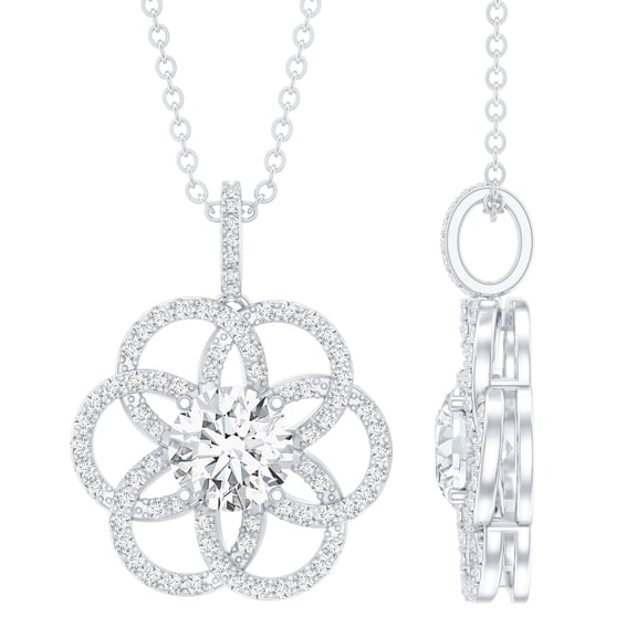 Rosec Jewels Lab Created Diamond Flower Pendant Necklace with Chain (EF-VS Quality), with Jewelry Box, 925 Sterling Silver