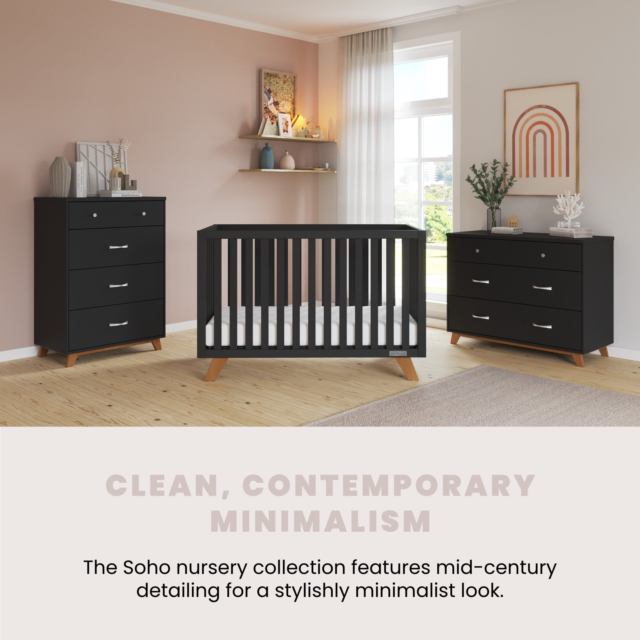 Child Craft SOHO 4-in-1 Convertible Crib, Canted Leg Mid-Century Design, 3 Mattress Heights, Ebony