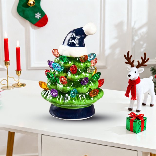 CY5O5ee 7.9inch Ceramic Christmas Tree with Santa Hat Figurine Table Top Display Light Up Vintage Xmas Tree Desk Light Tabletop Decorations for Home