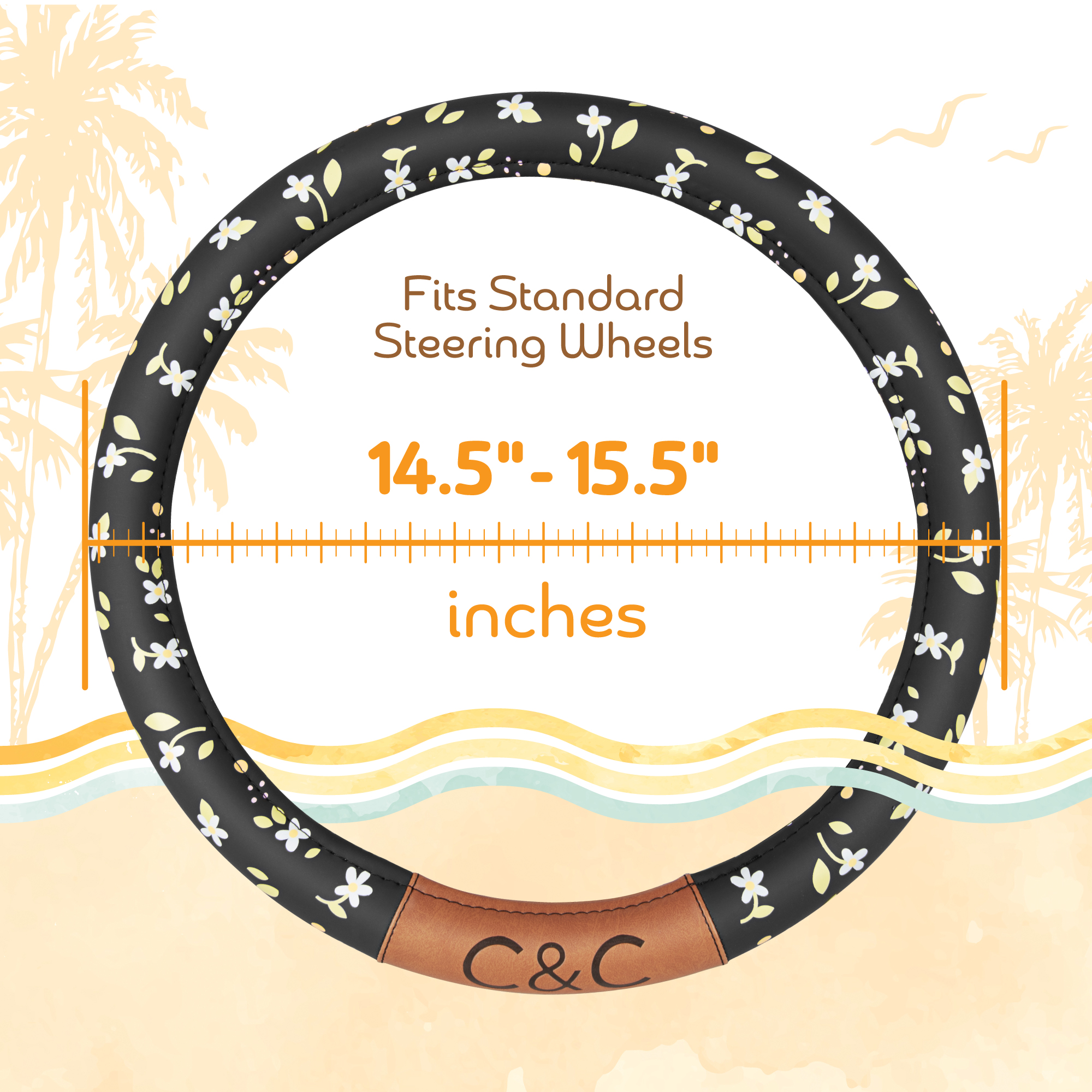 C&C California Car Steering Wheel Cover Beige Diamond Quilt, Non Slip Leather Steering Wheel Cover for Women Men, Soft Easy Installation Universal Fit (Fits 14.5"-15.5" Inches)