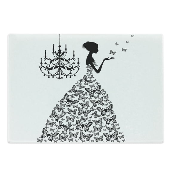 Vintage Cutting Board, Love Country Wedding Themed Romantic Butterflies Cartoon Retro Parisienne, Decorative Tempered Glass Cutting and Serving Board, Large Size, Charcoal Grey White, by Ambesonne