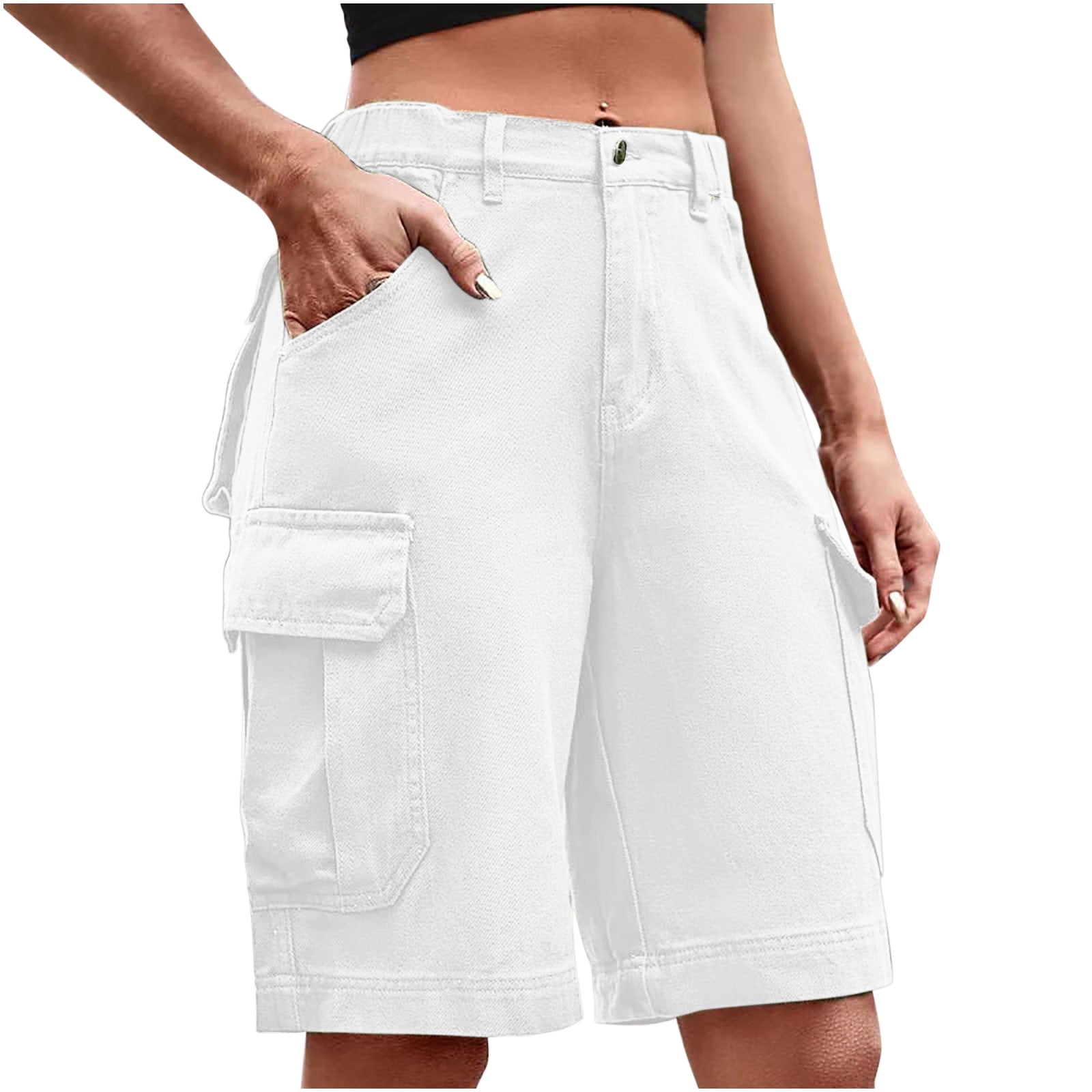 Xysaqa Women's Casual Twill Bermuda Cargo Shorts Summer Knee Length Loose  Fit Straight Shorts Elastic Waist Multi Pocket