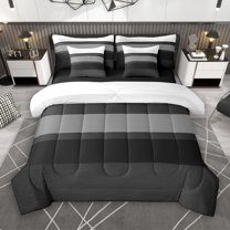 Manfei Adult Modern Abstract 7pcs Bedding Comforter Set, Fashion Stripe Ombre Queen Bedding Sets, Black Grey Reversible Queen Sheet Sets, Luxury Bedroom Decor