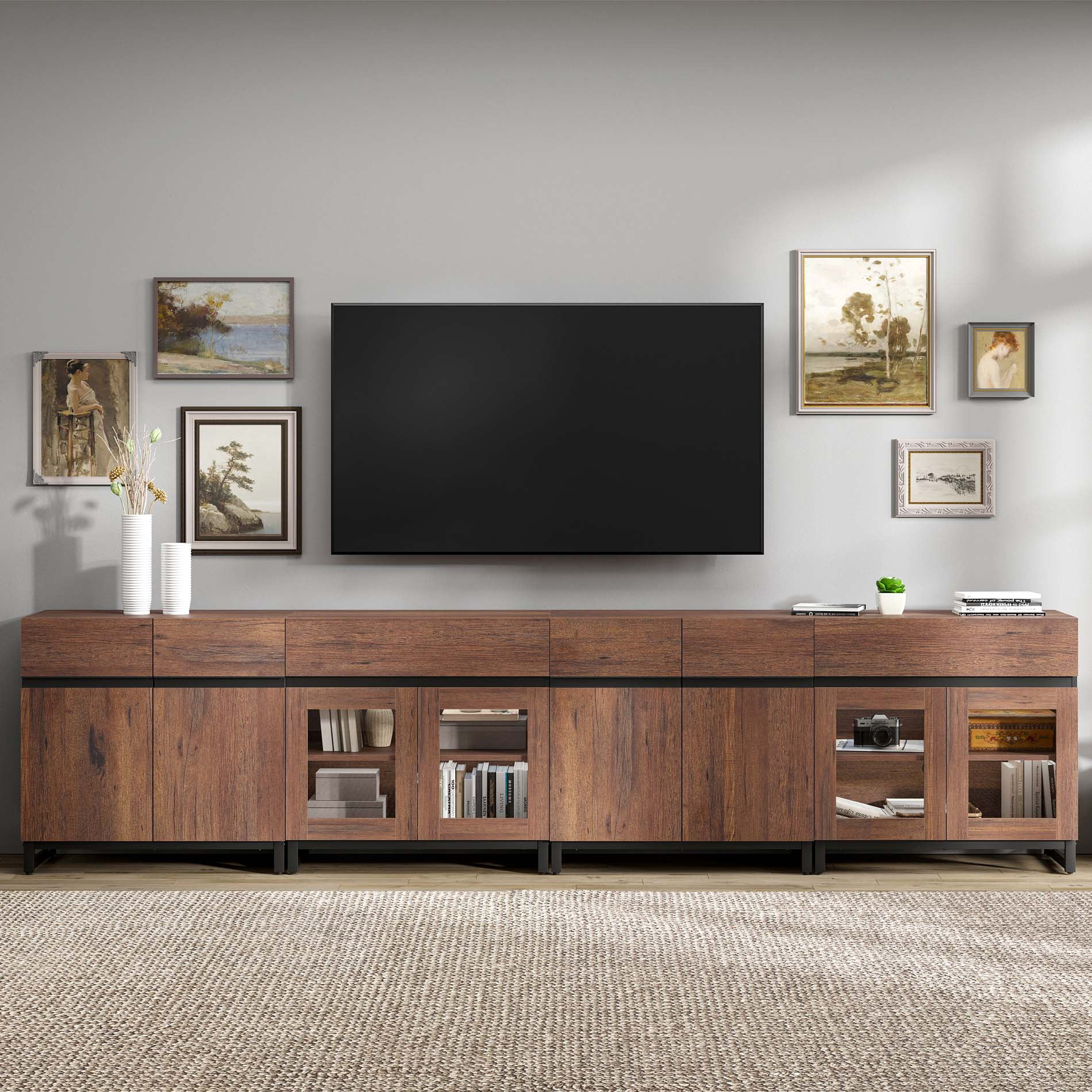 Modern TV Stand For Tvs Up To 120 Inches, 4 In 1 TV Console With Glass Doors And 2 Drawers, Media Console With Adjustable Shelf For Living Room,Brown